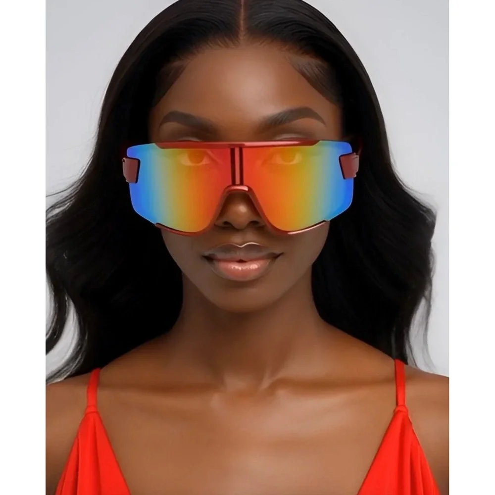 Women Red Frame Shield‎ Sunglasses Mirrored Lens Sport Cycling Running Driving